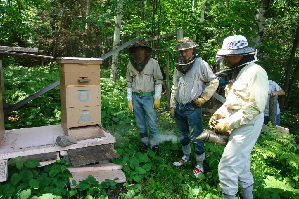 Beekeeper Jim Hayward (right) of Negaunee Township, MI explains how to operate a smoker to  Taylor Dianich, 16, a Marquette Senior High School (MSHS) junior (center) and   Elliott Burdick (left), 17, MSHS senior on June 25, 2009. Hayward explained the smoker calms bees because they protect their honey by gorging themselves with it fearing there is a fire and they may need to flee with the valuable sticky gold to make a new nest. Zaagkii Project teens visited Hayward's hives in 2008 and 2009. (Photo by Greg Peterson)